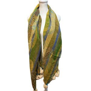 Mala Alisha 100% Pure Wool Shawl/Scarf Green/Blue/Orange with Tan Rabbit Fur